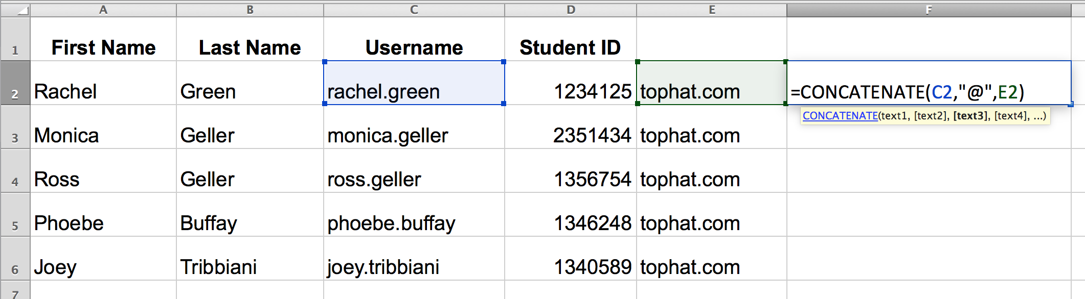 Professor: Creating Student Email Addresses Using Excel's Concatenate  Function