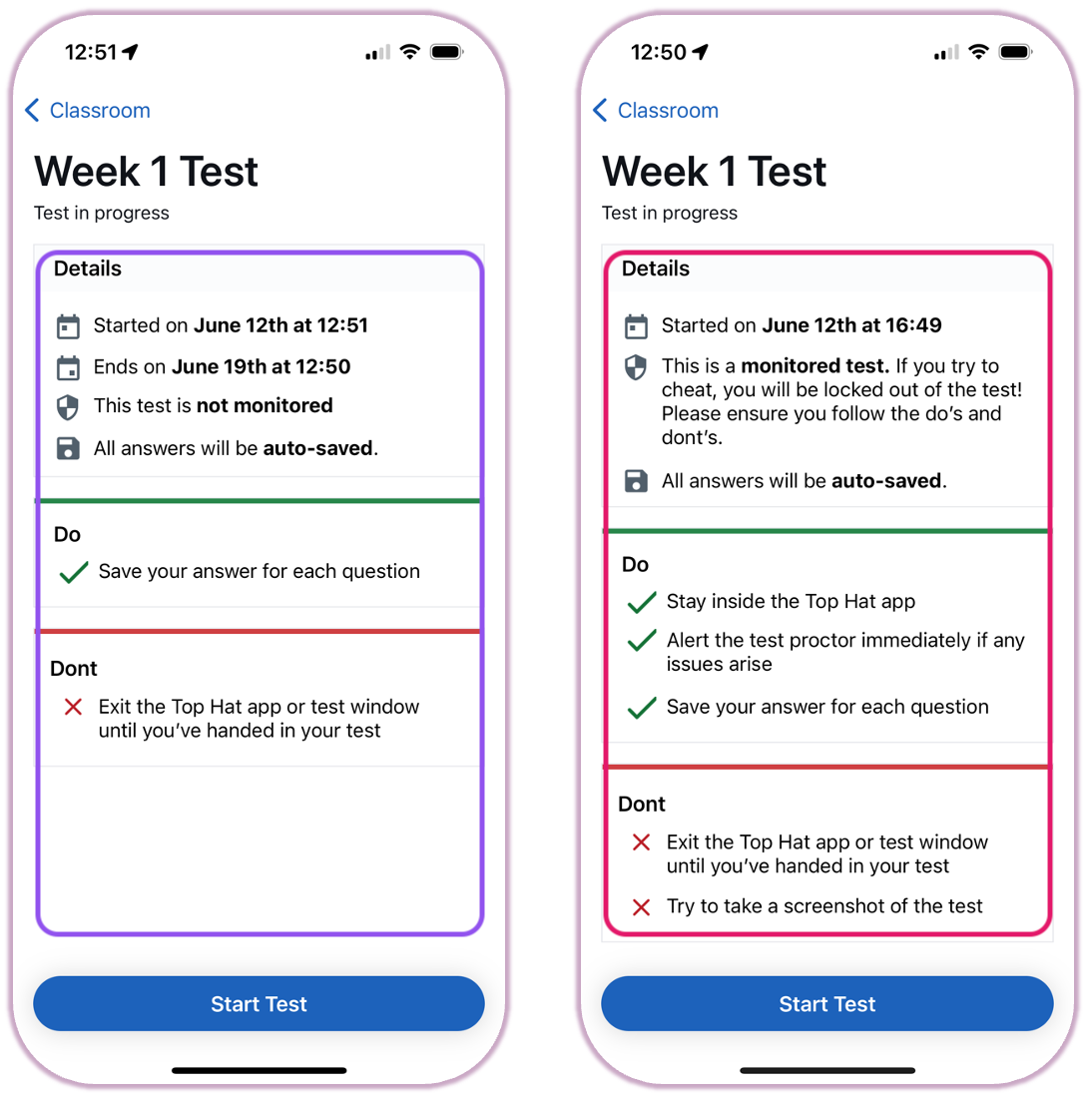 Image: Web and Mobile View of Test Start Screen